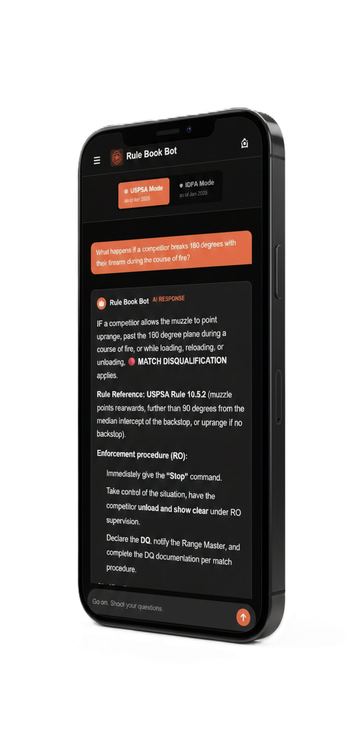 Range Officer Consulting with Rule Book Bot AI on Mobile